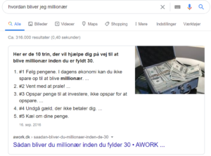 Googlesøgning over hvordan man bliver millionær, for at illustrere featured snippets